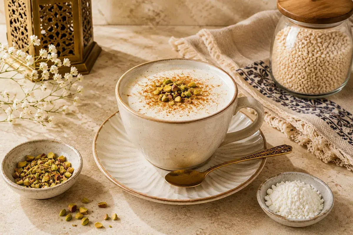 A warm mug of creamy Middle Eastern sahlab topped with pistachios, shredded coconut, and cinnamon.