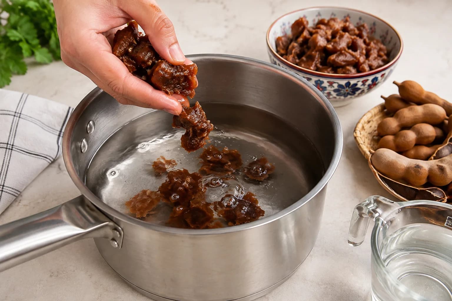 Tamarind pulp being added to water in a saucepan.