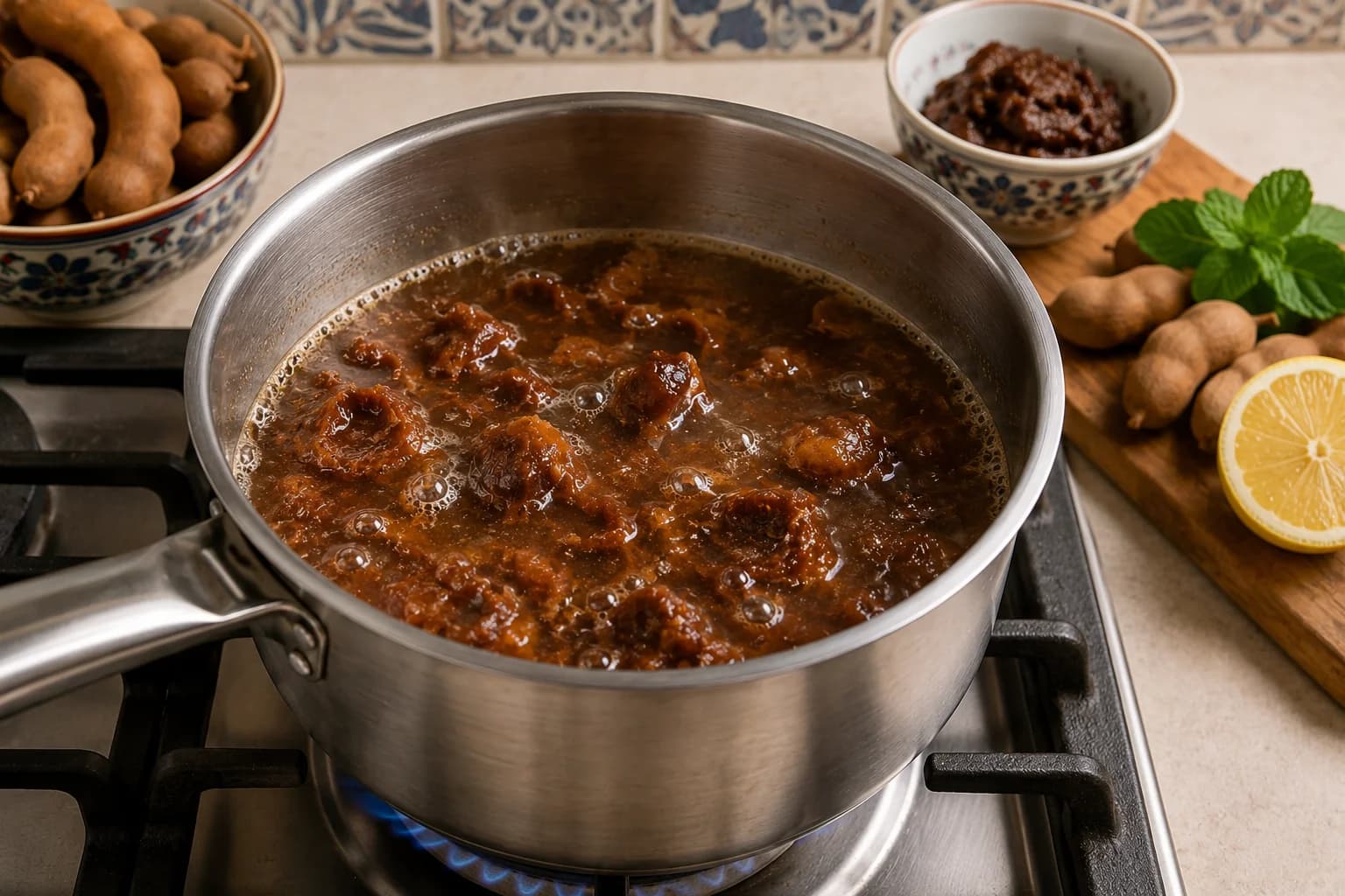 Tamarind pulp gently simmering in water in a saucepan.