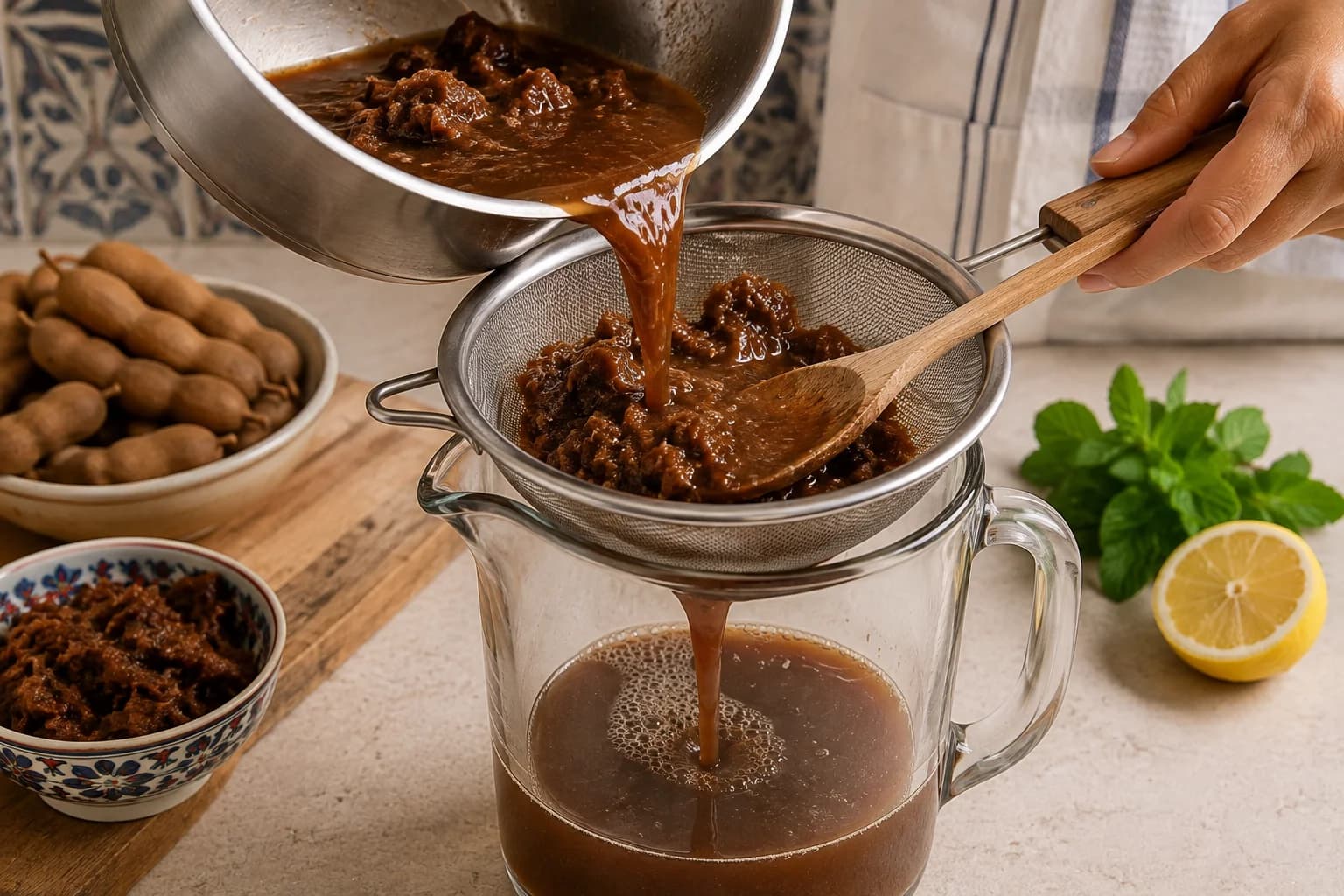Tamar Hindi being strained through a fine-mesh sieve into a pitcher.