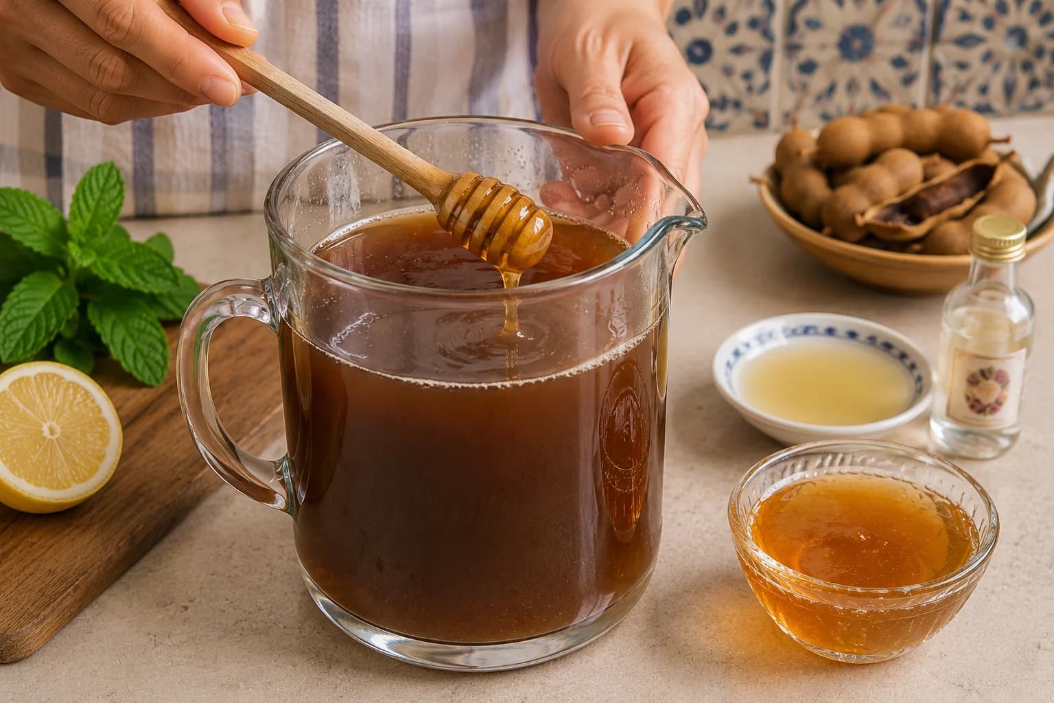 Honey being stirred into warm Tamar Hindi with lemon and orange blossom water nearby.