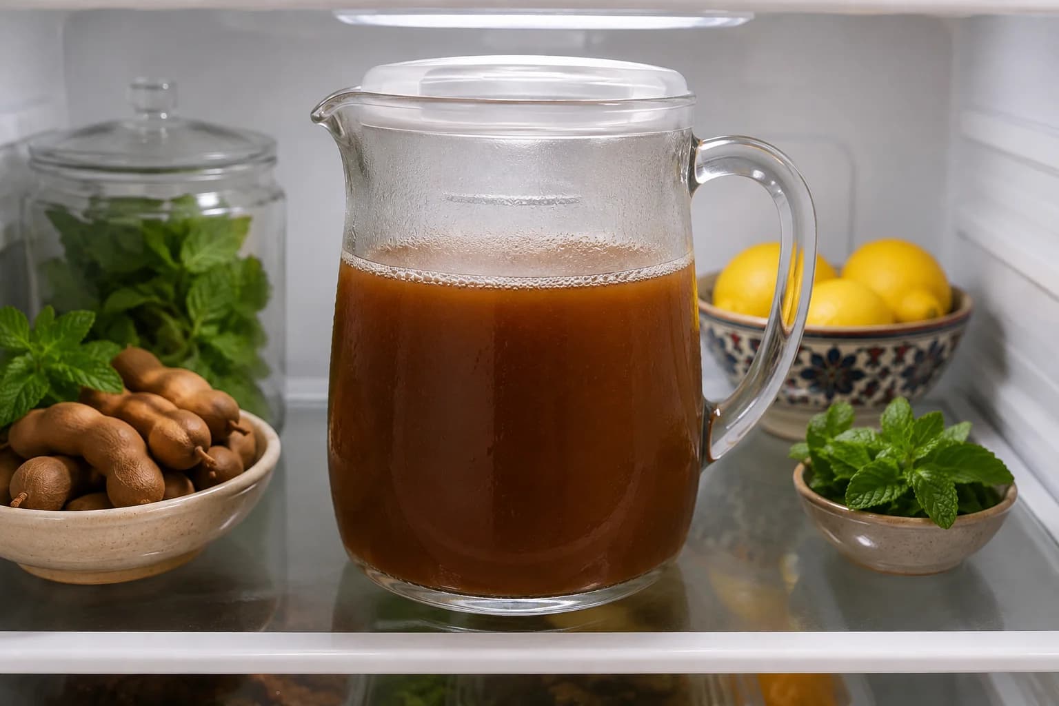 Prepared Tamar Hindi chilling in a covered pitcher in the refrigerator.