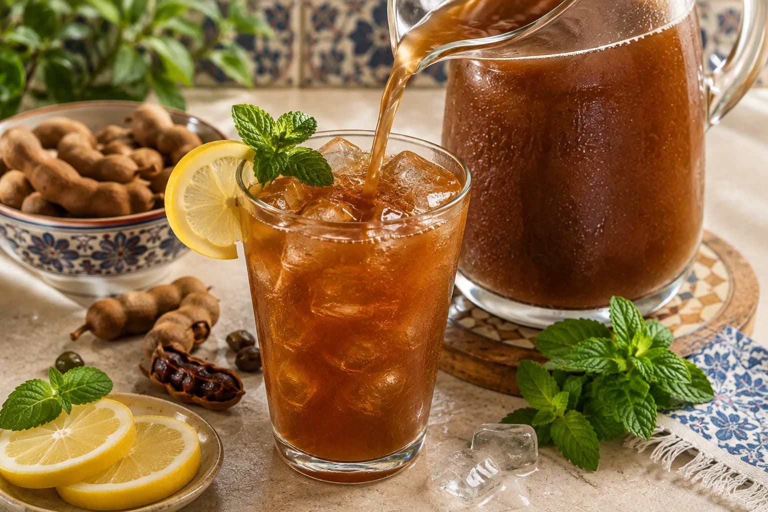 Chilled Egyptian Tamar Hindi served over ice with mint and lemon.