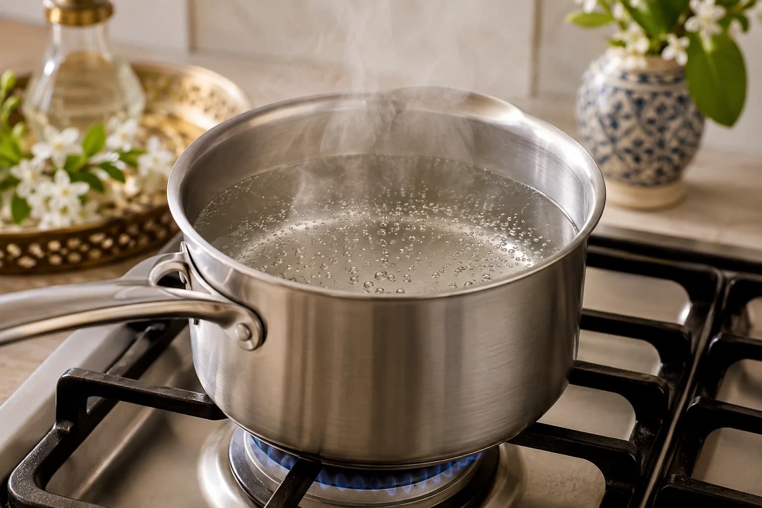 Fresh water heating gently in a small saucepan for Lebanese White Coffee.