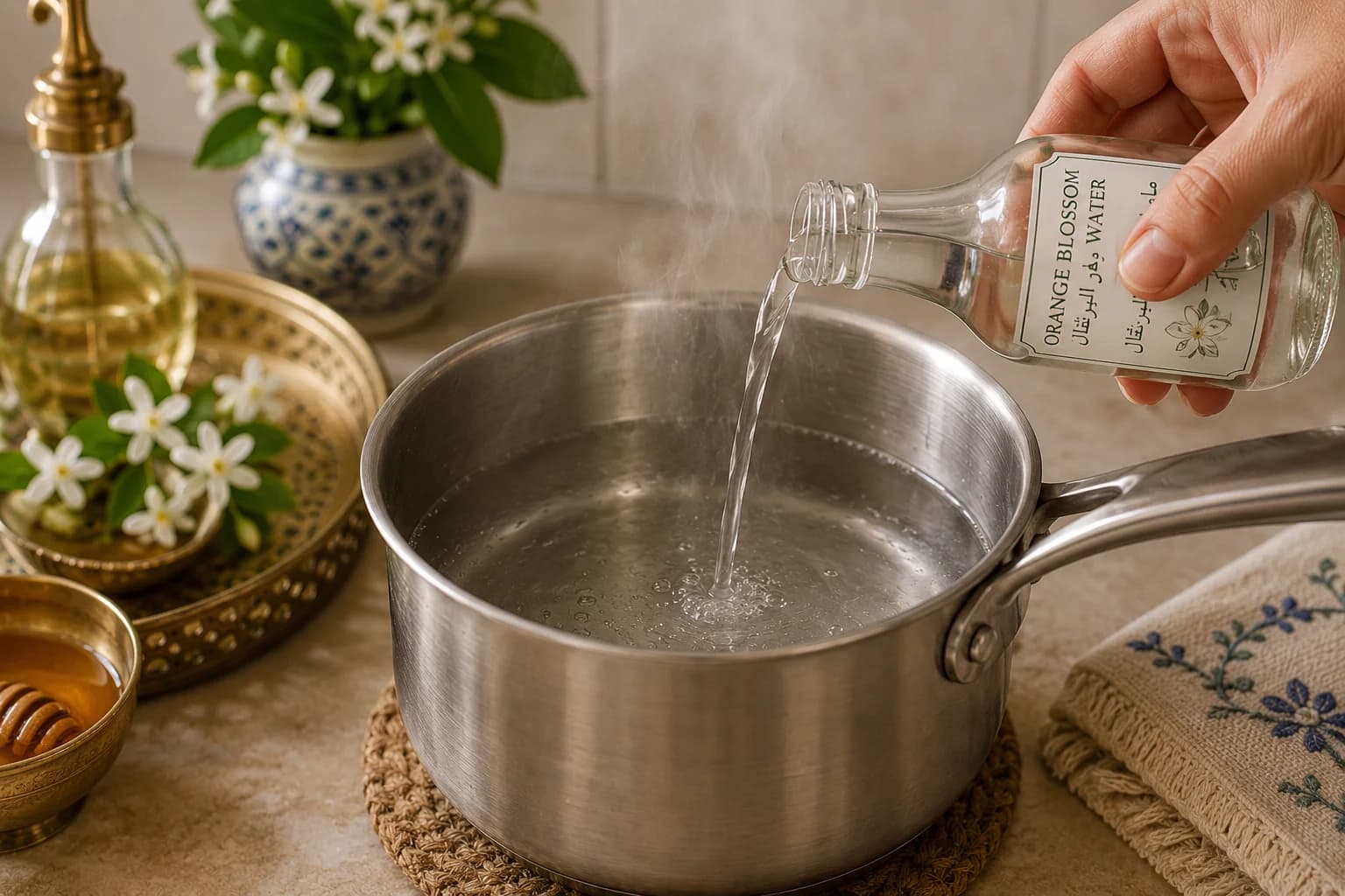 Orange blossom water being added to hot water for Lebanese White Coffee.
