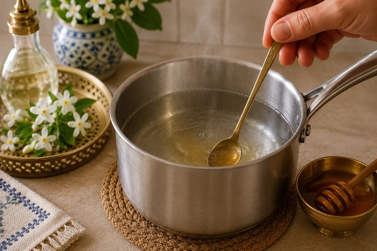Honey being stirred into hot Lebanese White Coffee.