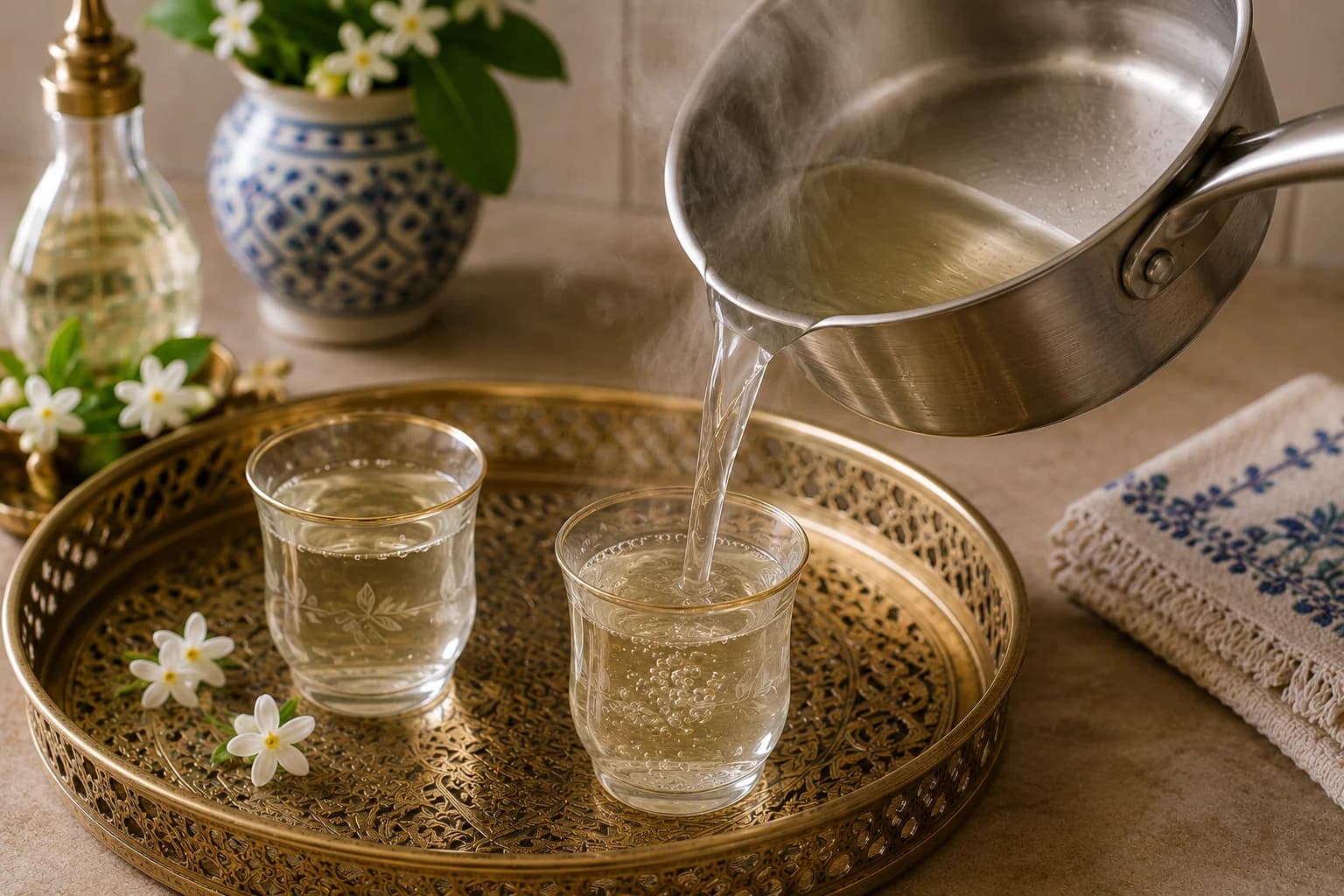 Lebanese White Coffee being poured into small heatproof serving cups.