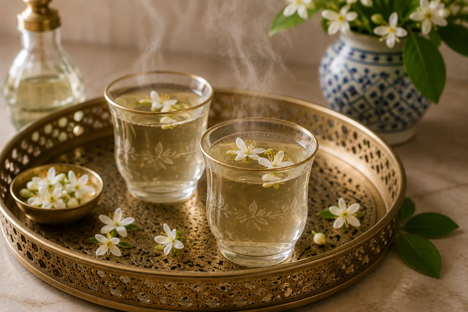 A traditional glass of Lebanese White Coffee garnished with orange blossoms and served on a decorative tray.