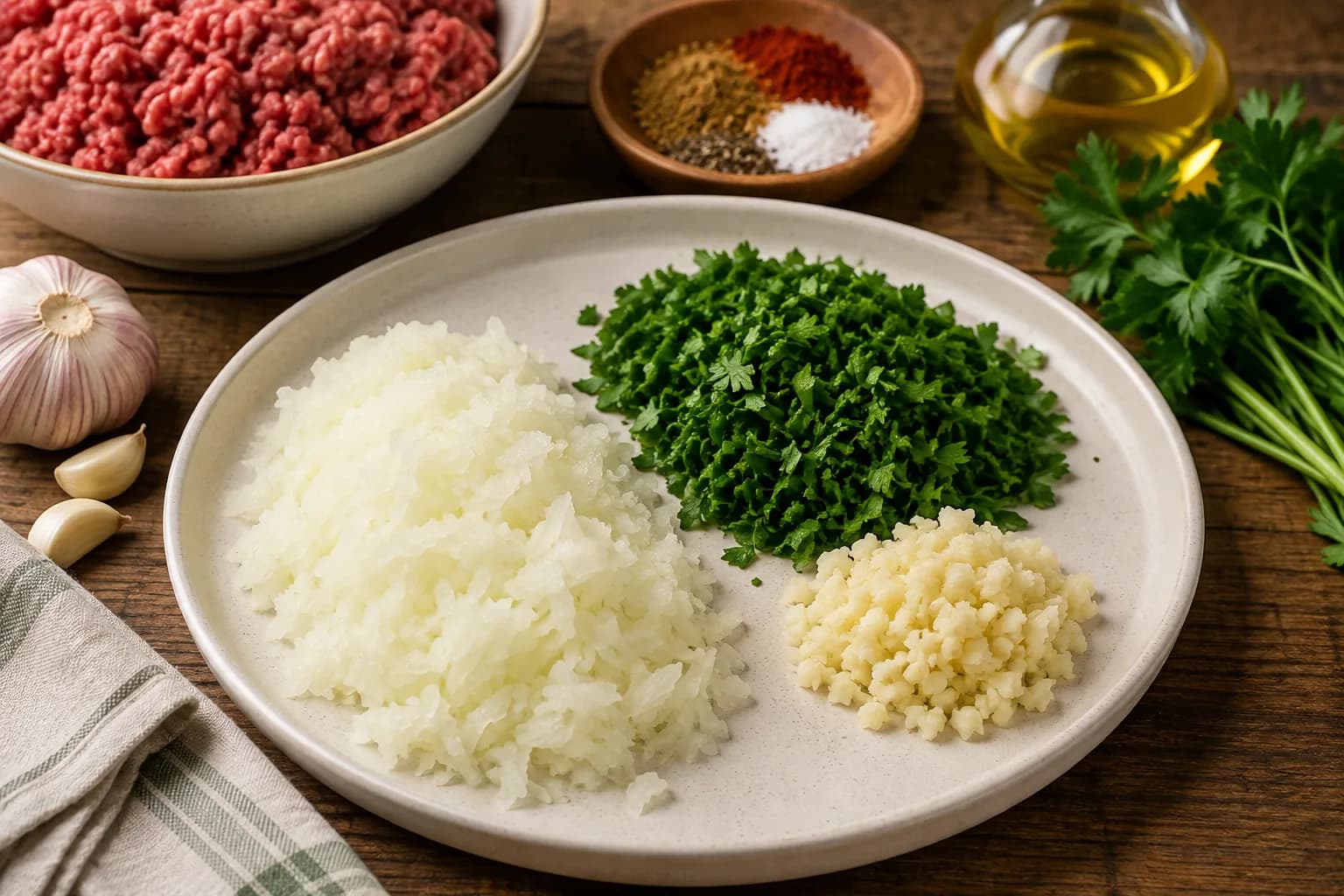Finely grated onion, minced garlic, and chopped fresh parsley prepared for beef kofta.