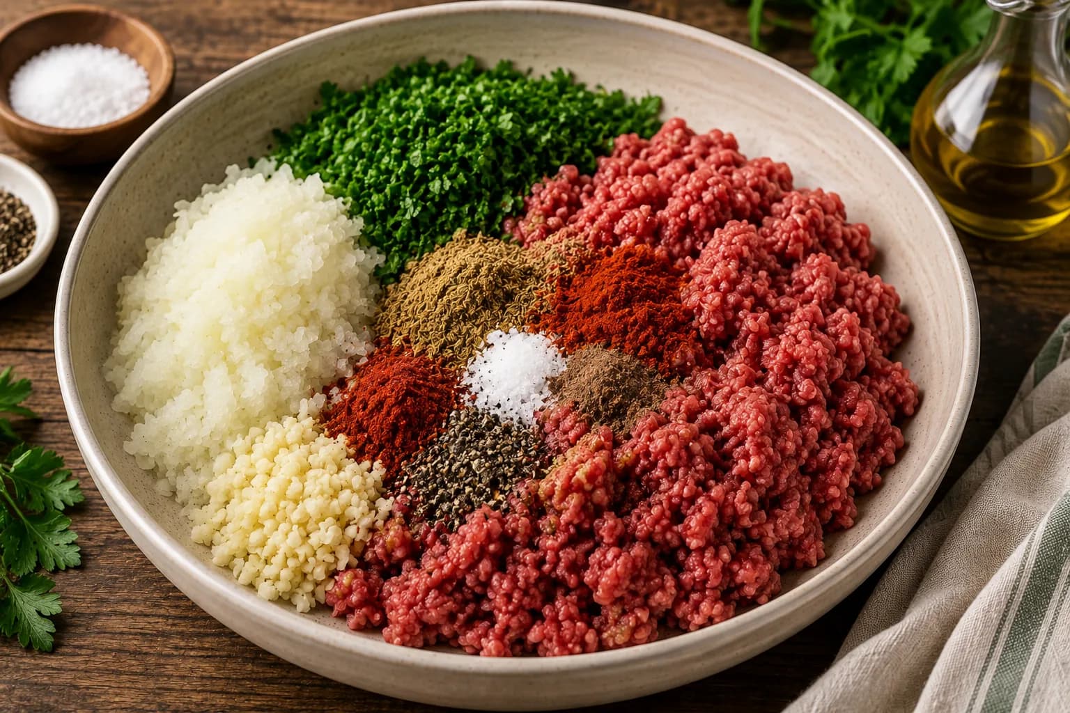 Ground beef being gently mixed with grated onion, parsley, garlic, and Middle Eastern spices.