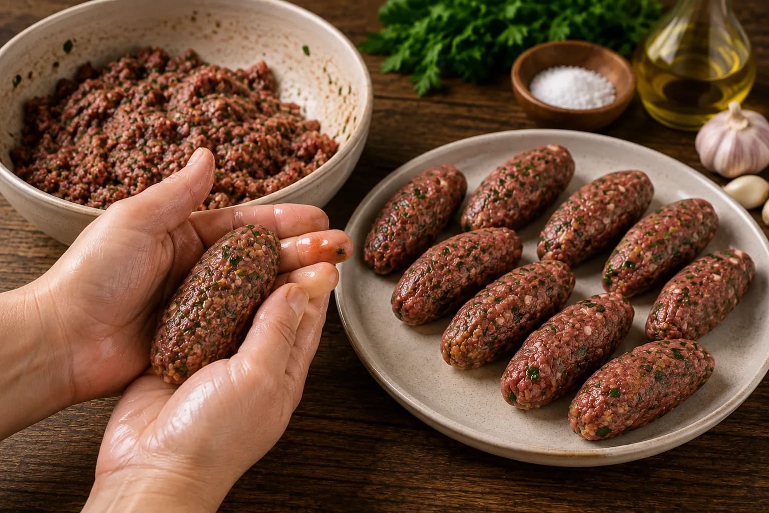 Hands shaping seasoned ground beef mixture into small oval kofta pieces.
