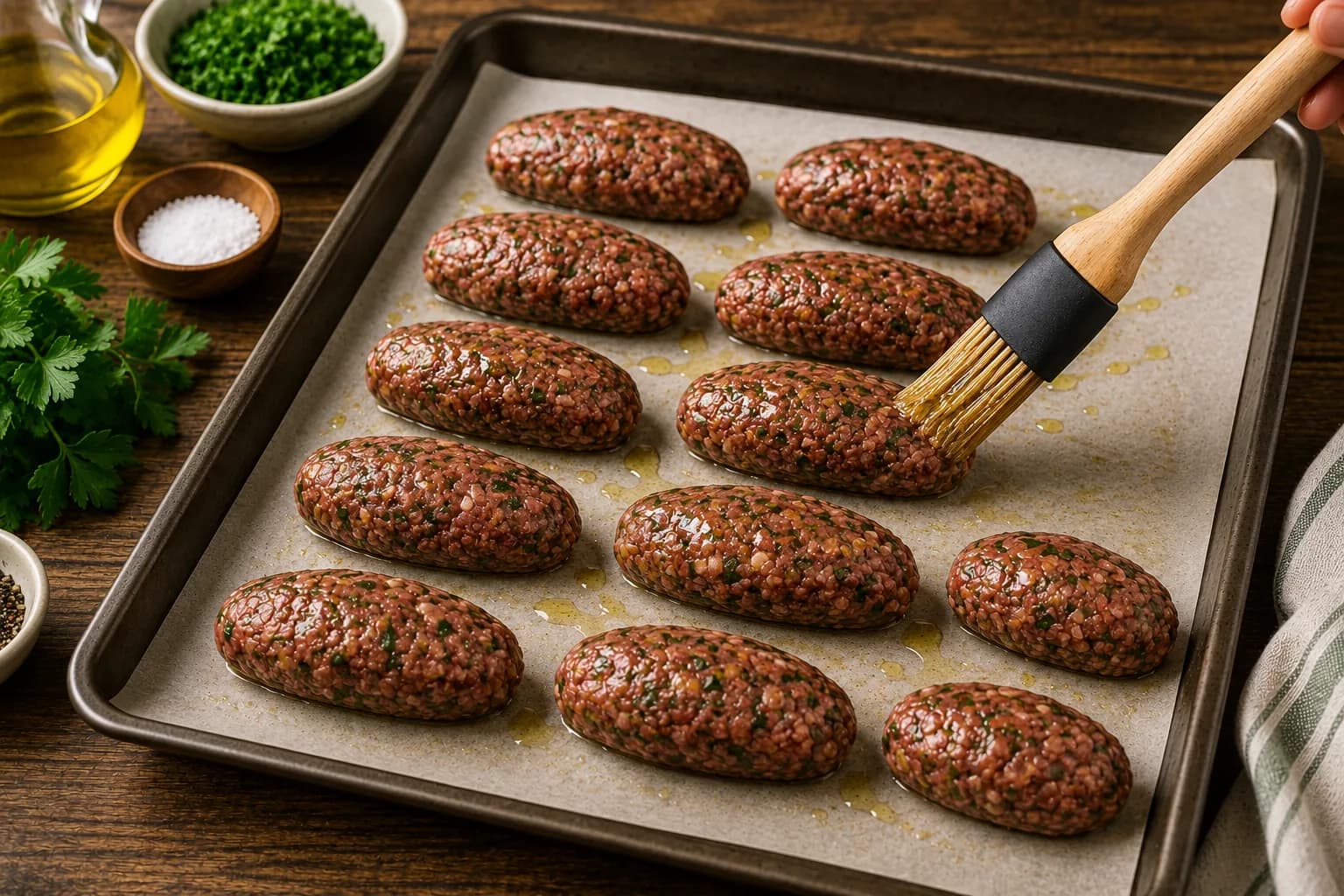 Shaped beef kofta arranged with space on a parchment-lined baking tray and lightly brushed with olive oil.