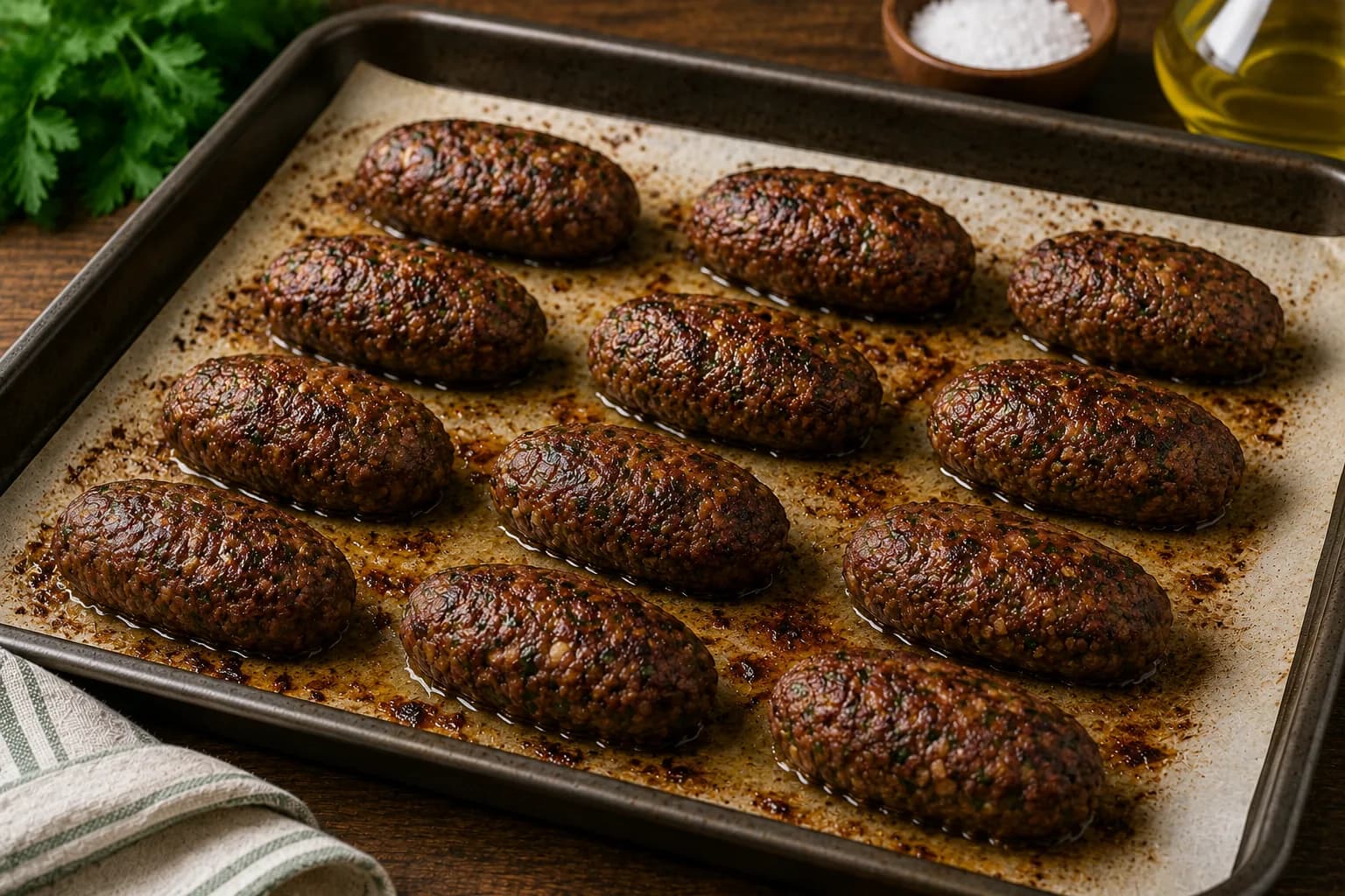 Baked beef kofta browned on the outside and cooking on a parchment-lined tray.