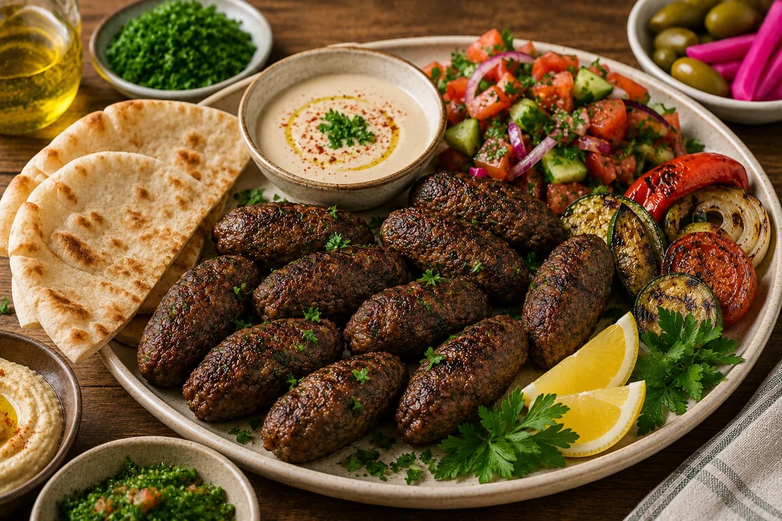 Finished baked beef kofta served with tahini sauce, parsley, roasted vegetables, salad, and warm pita.