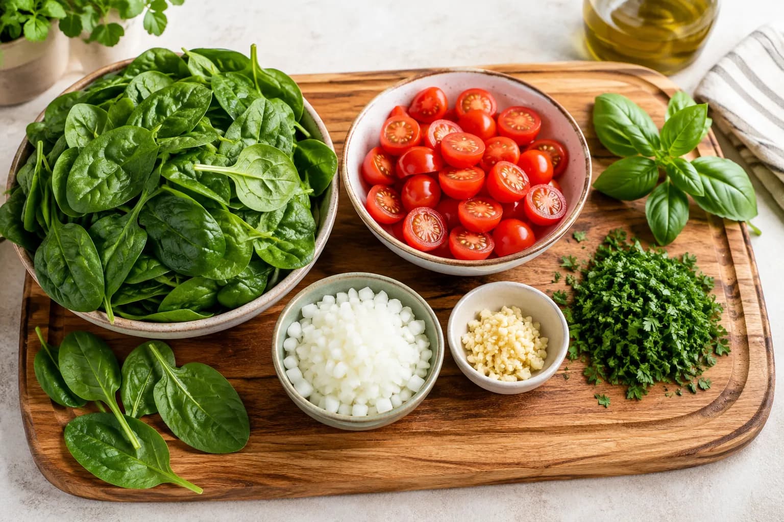 Fresh spinach, cherry tomatoes, diced onion, minced garlic, parsley, and basil prepared for baked eggs.