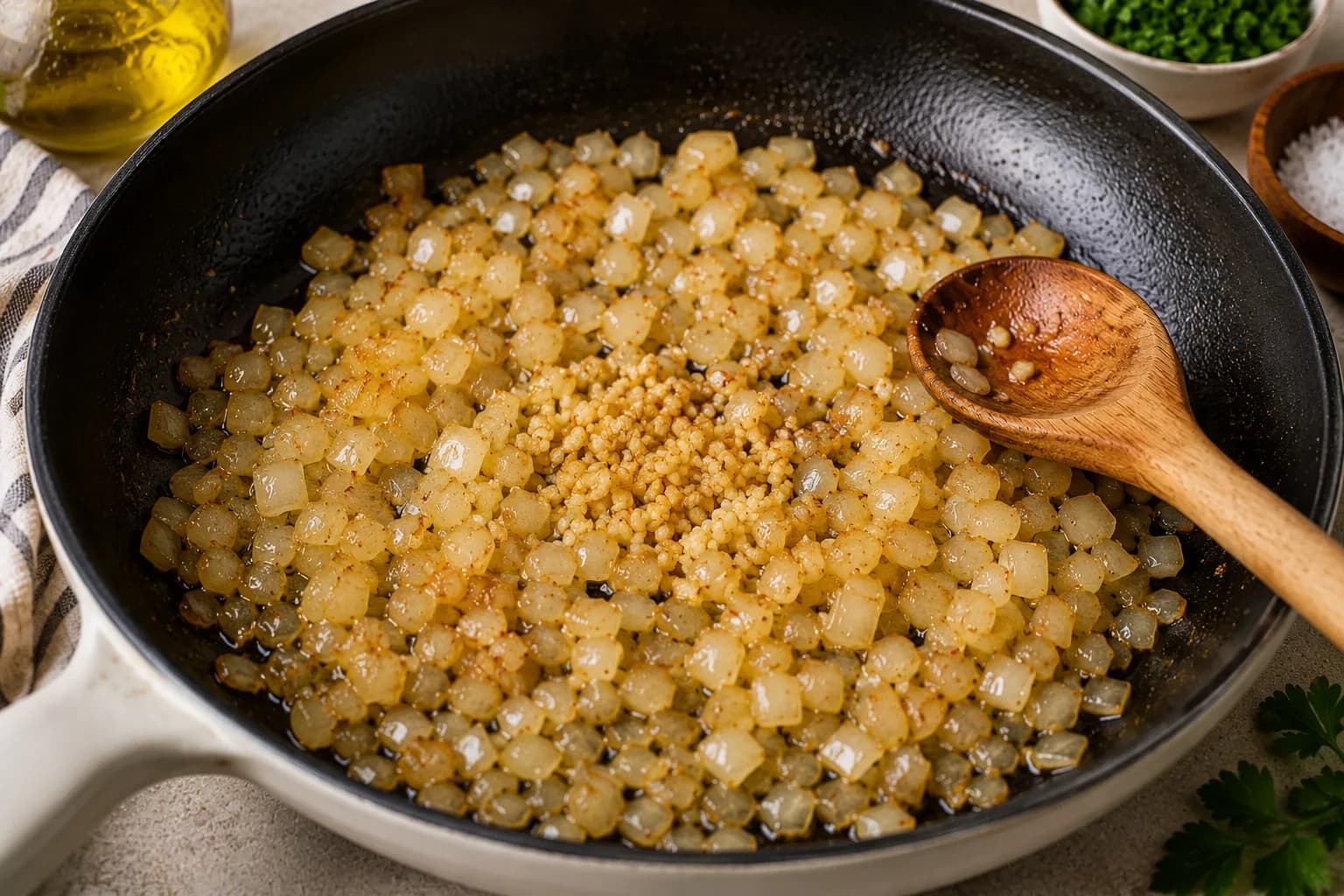 Diced onion and minced garlic gently cooking in olive oil in an oven-safe skillet.
