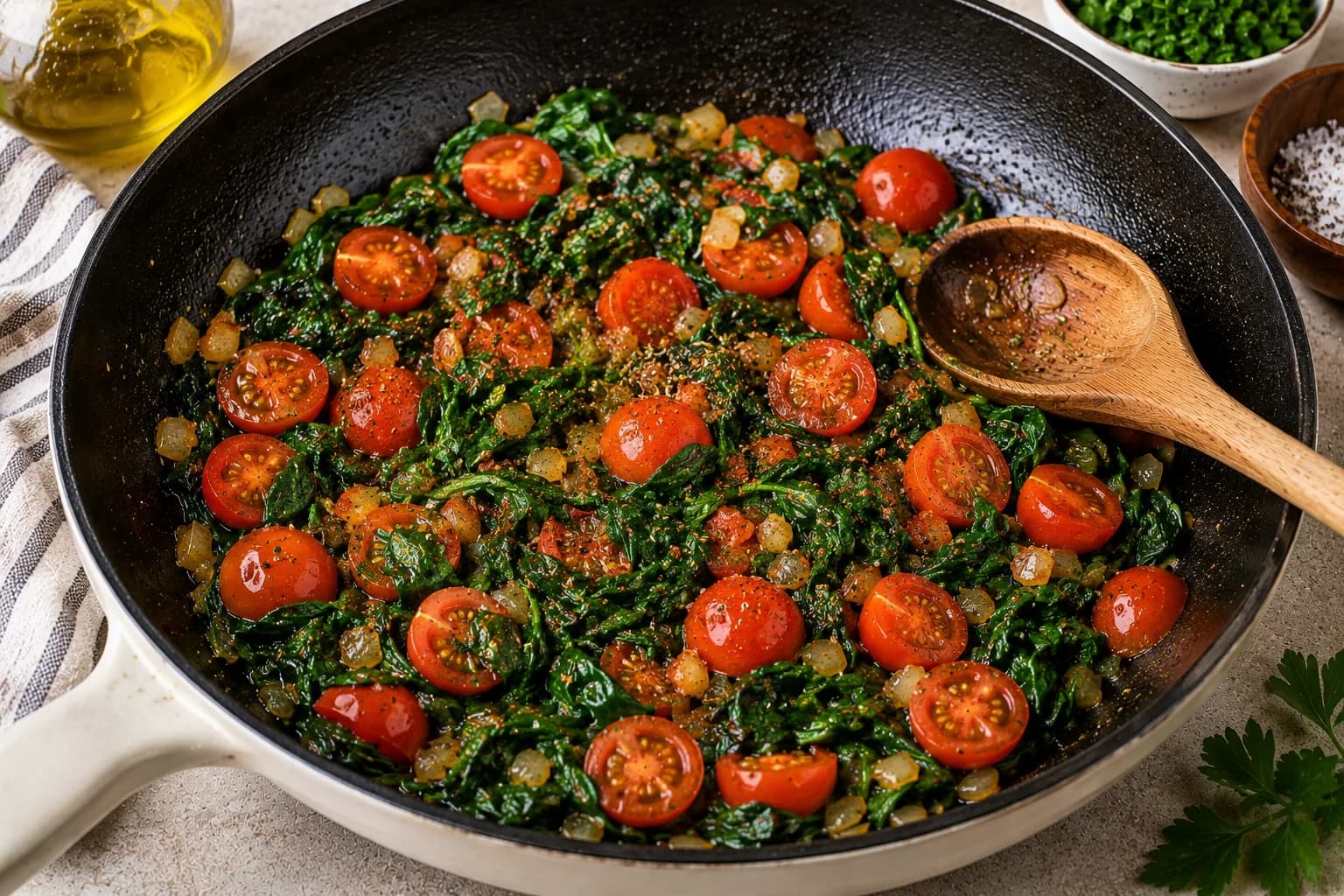Wilted spinach and softened cherry tomatoes seasoned with herbs and spices in a skillet.