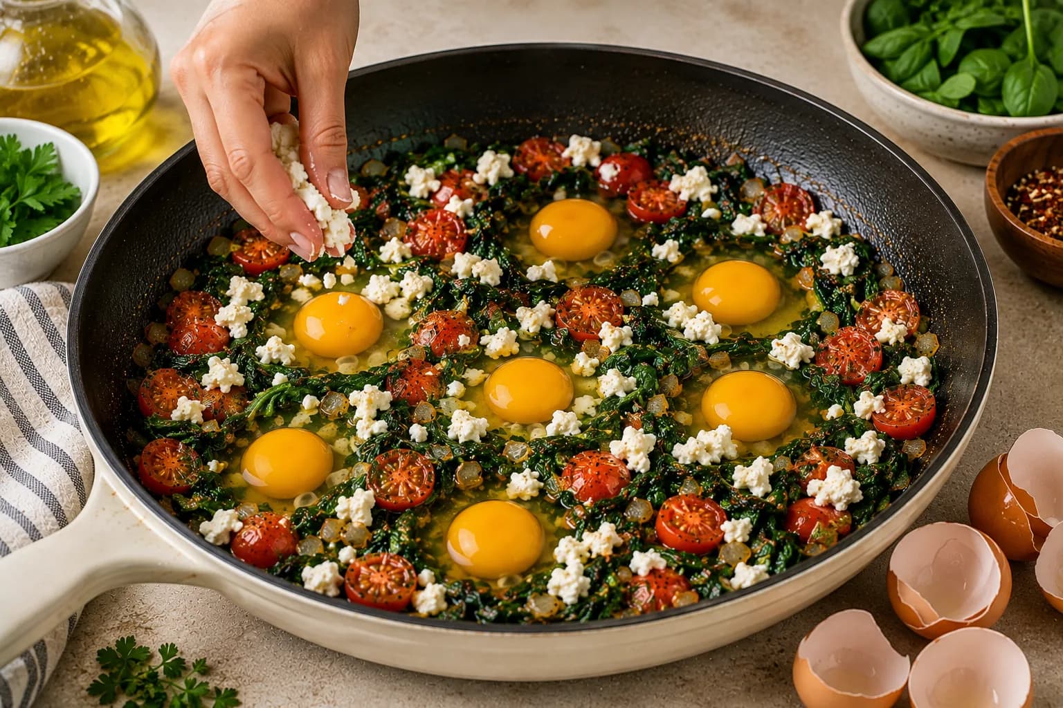 Six eggs nestled into spinach and tomatoes with crumbled feta sprinkled around them in an oven-safe skillet.