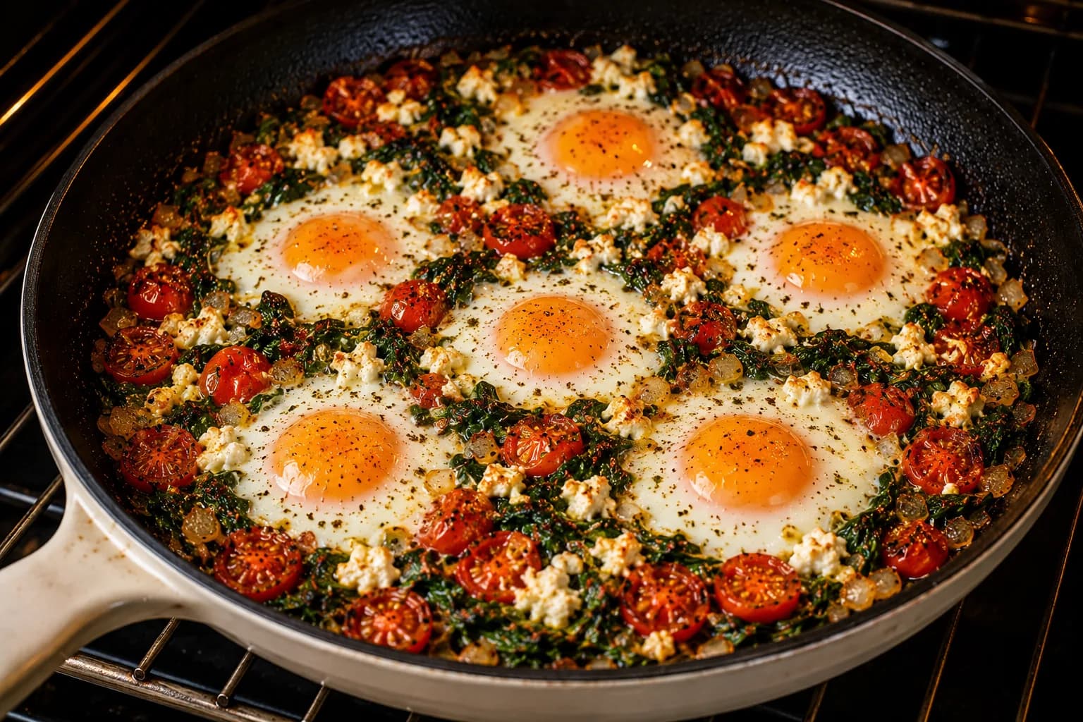 Mediterranean baked eggs cooking in a skillet with spinach, cherry tomatoes, and feta.