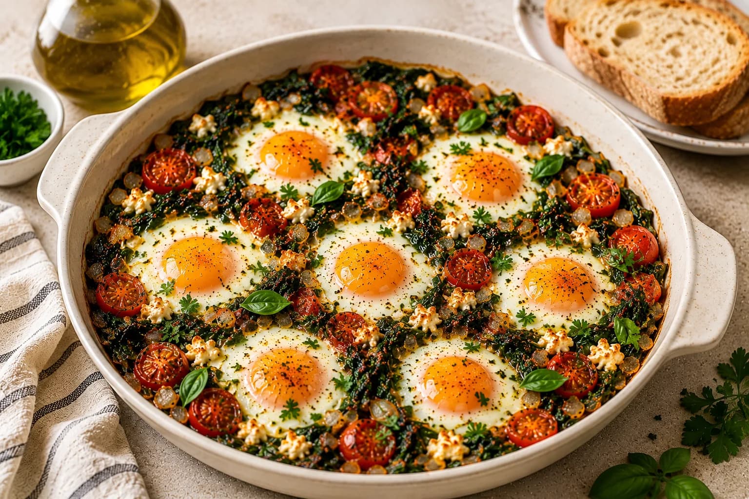 Finished baked eggs with spinach, tomatoes, feta, parsley, basil, and warm whole grain bread.