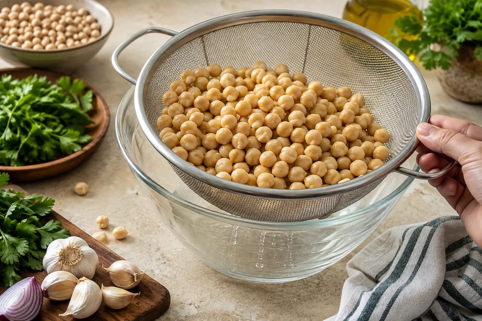 Soaked dried chickpeas being drained and prepared for baked falafel.