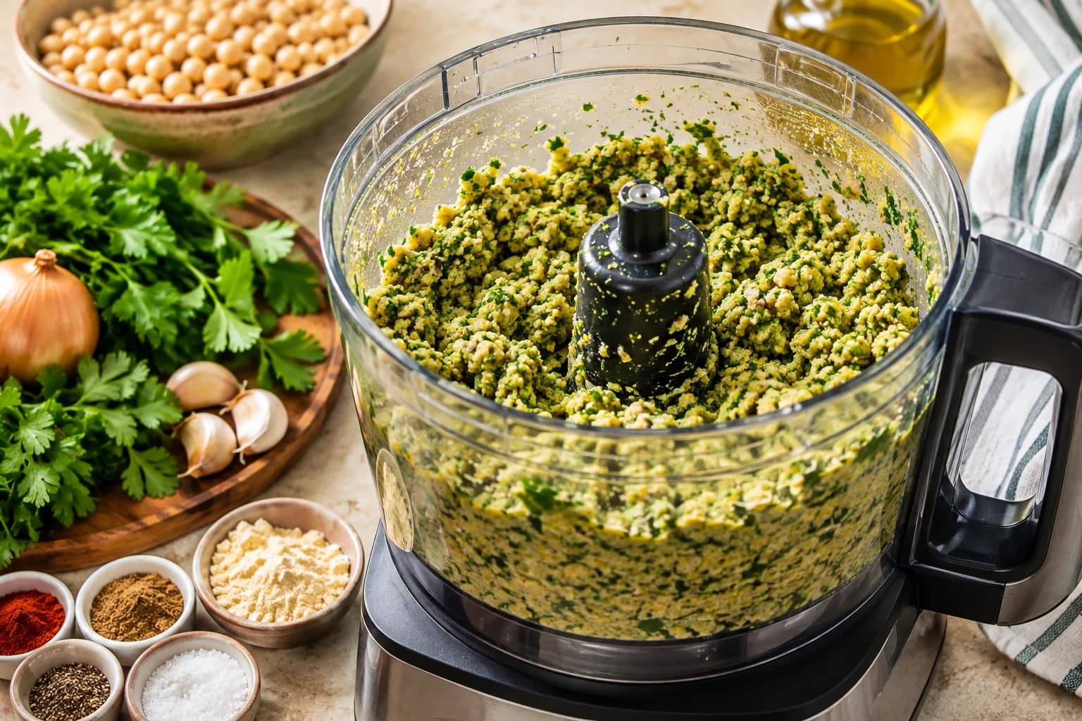 Soaked chickpeas, fresh herbs, garlic, onion, and spices being processed into a coarse falafel mixture.