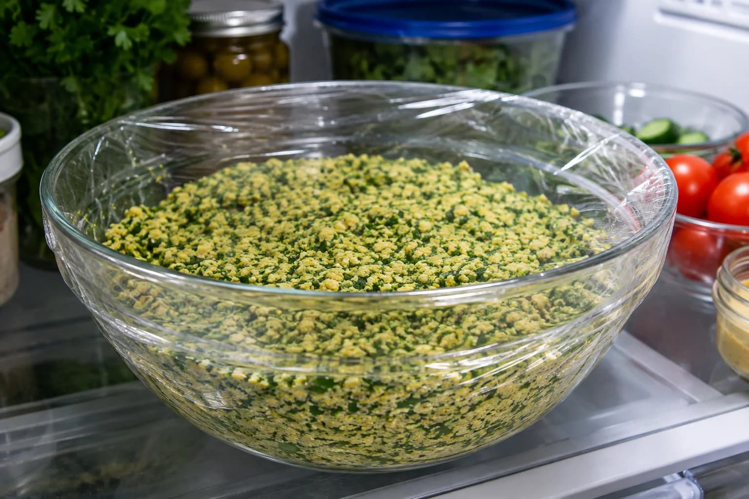 Prepared falafel mixture resting in a covered bowl before shaping.