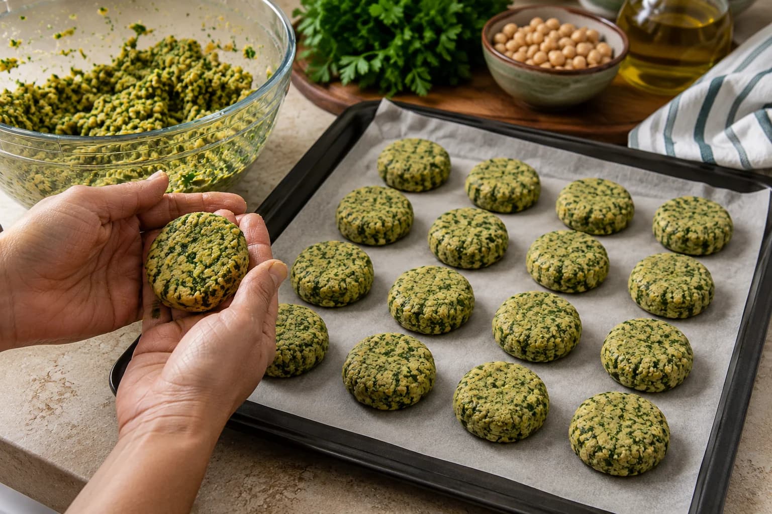 Small evenly shaped falafel patties arranged on a prepared baking tray.