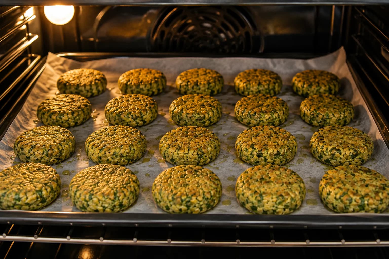 Falafel patties baking on a parchment-lined tray until golden brown.