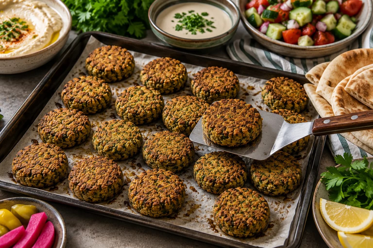 Golden baked falafel being finished and served with tahini, vegetables, herbs, and pita.