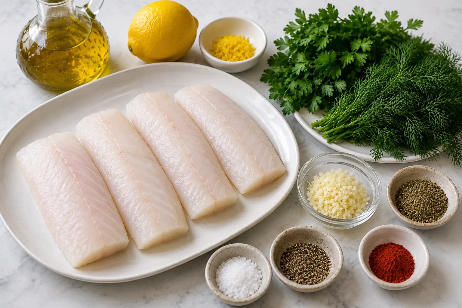 Fresh white fish fillets with parsley, dill, garlic, lemon, and Mediterranean herbs prepared for baking.