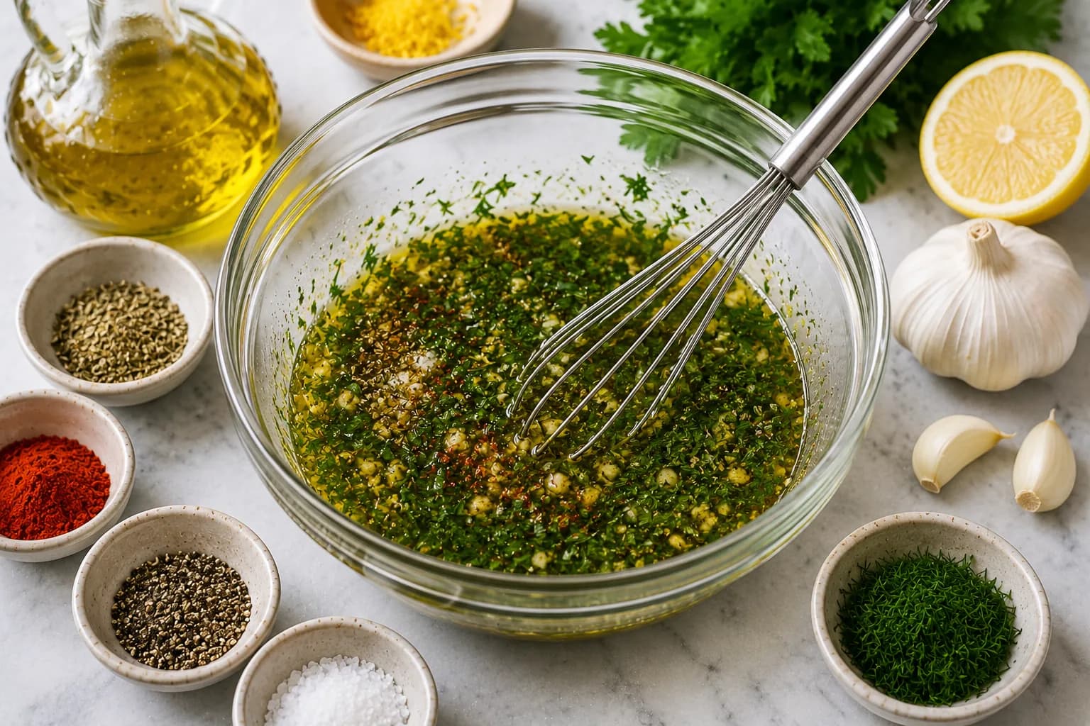 Bowl of olive oil, lemon juice, garlic, parsley, dill, oregano, paprika, salt, and pepper prepared as a fish marinade.