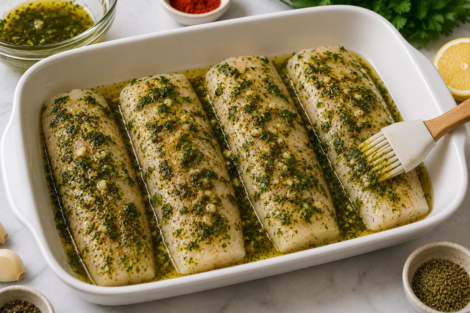 White fish fillets arranged in a baking dish and coated with lemon, garlic, olive oil, and fresh herbs.