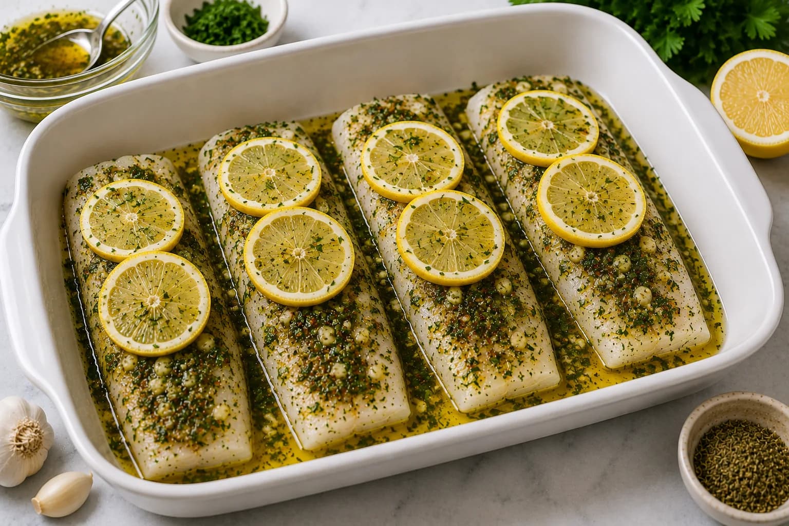 Seasoned white fish fillets topped with thin lemon slices and fresh herbs in a baking dish.