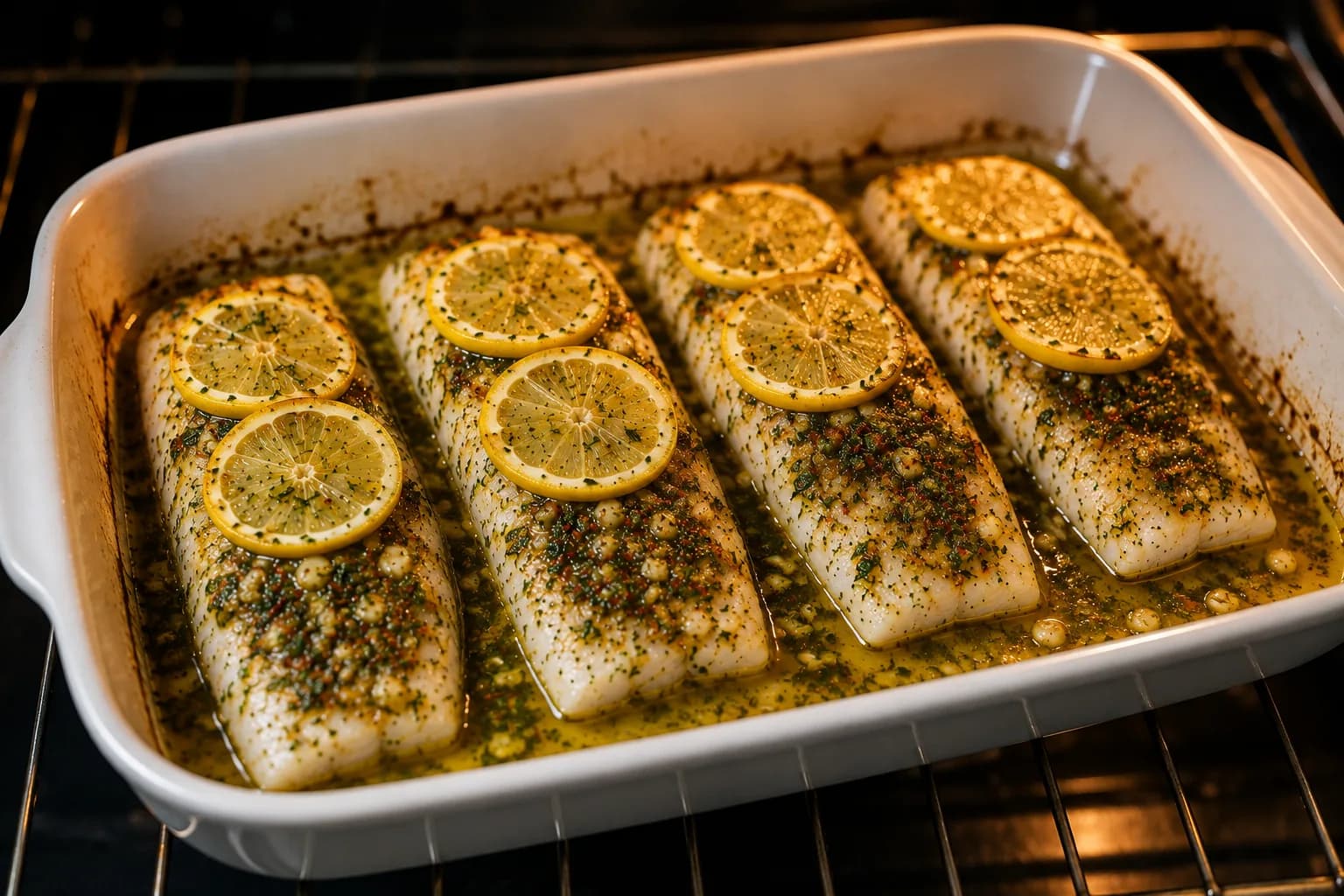 Baked white fish cooking with lemon slices, garlic, herbs, and olive oil in the oven.