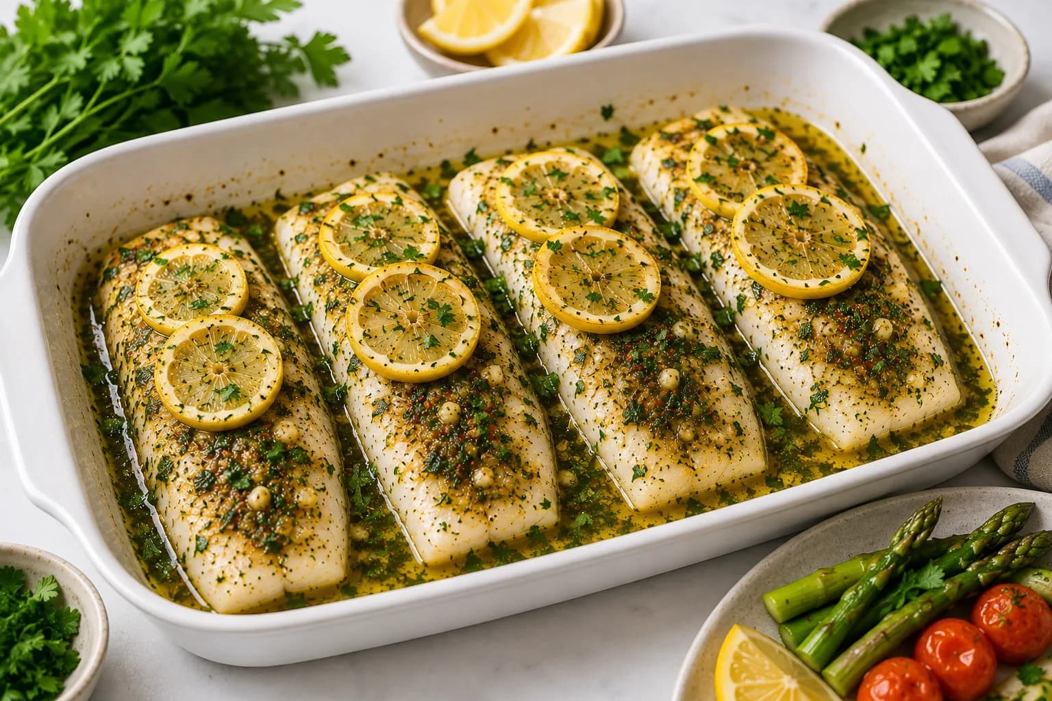 Finished baked herb fish garnished with parsley and lemon and served with Mediterranean vegetables.
