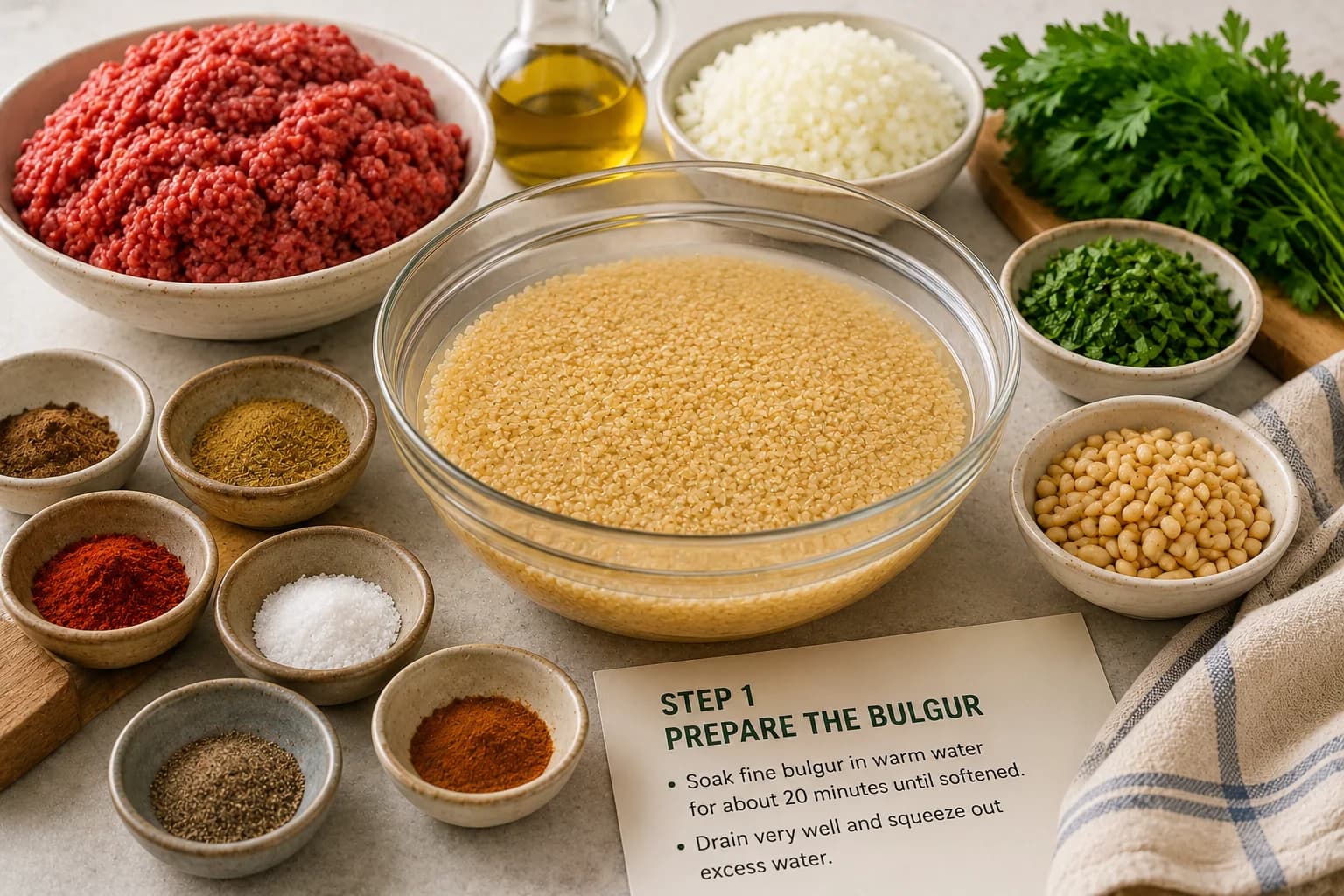 Fine bulgur soaking in a bowl with water beside ground beef, onions, parsley, mint, and Lebanese spices.
