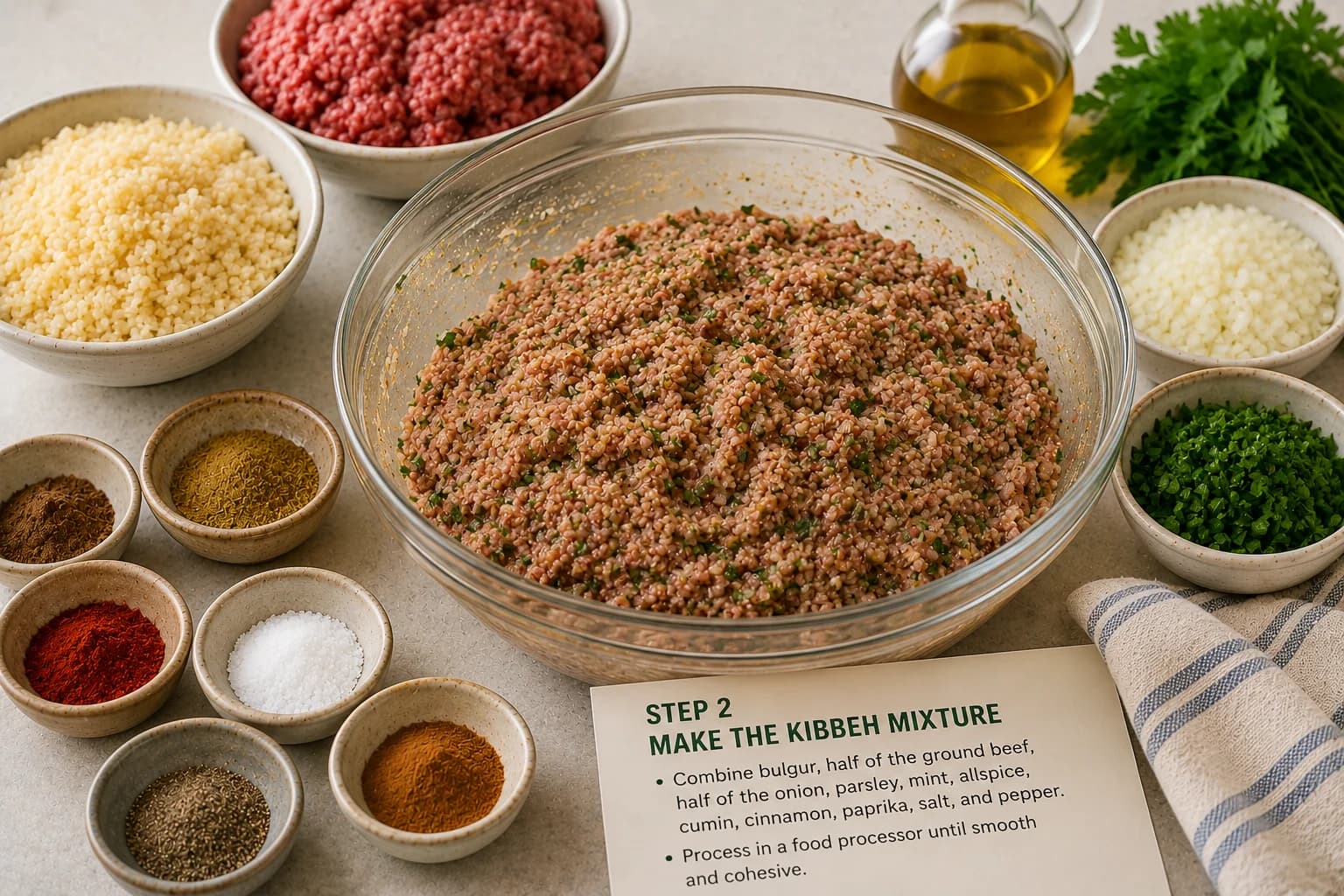 Fine bulgur and lean ground beef combined with parsley, mint, onion, cumin, allspice, cinnamon, and paprika.