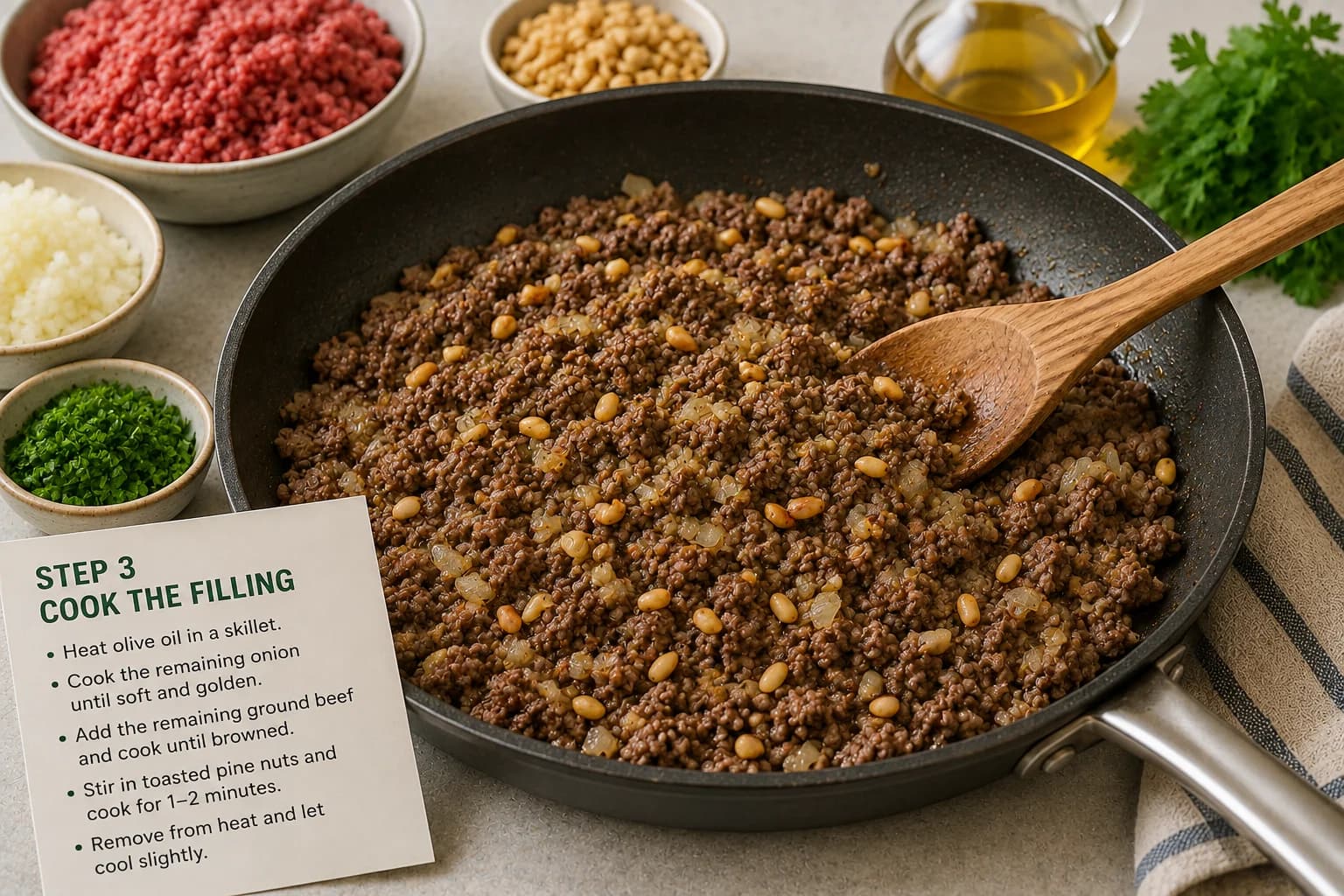 Ground beef and golden onions cooking in a skillet with toasted pine nuts for the kibbeh filling.