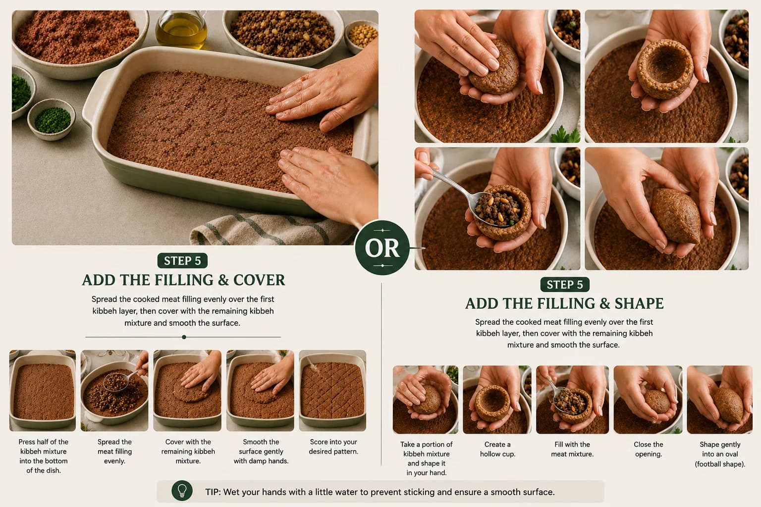First layer of seasoned bulgur and beef mixture being pressed evenly into a baking dish.