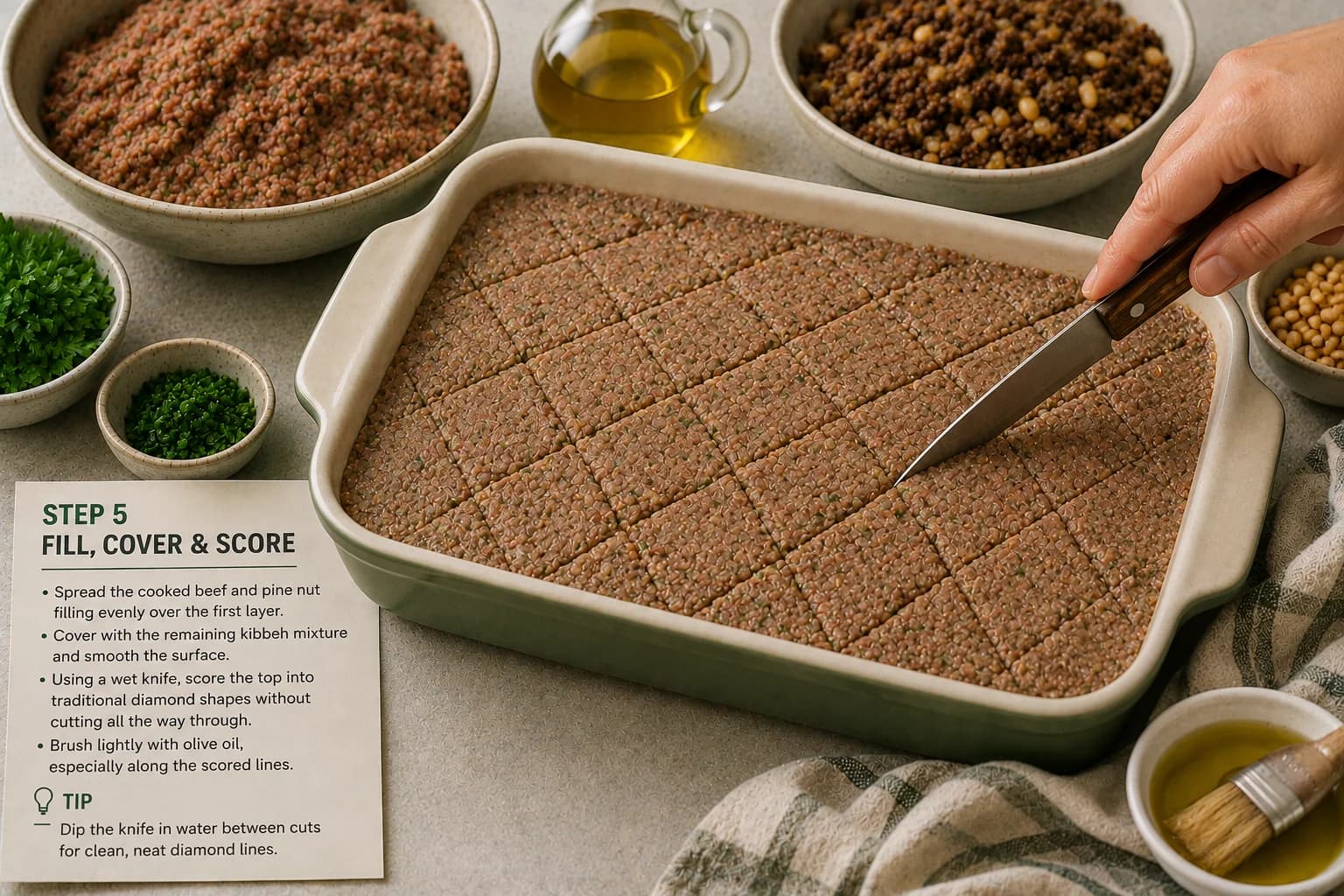 Layered kibbeh with browned beef and pine nut filling covered by the top layer and scored into traditional diamond shapes.