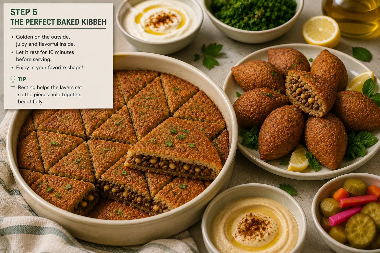 Golden baked Lebanese kibbeh cut into diamond pieces and served with fresh parsley, salad, and tahini.