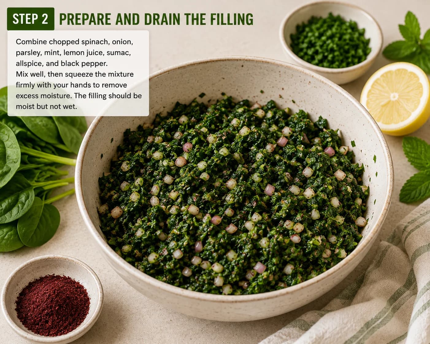 Fresh spinach filling mixed with onion, parsley, mint, lemon juice, sumac, and spices before being drained.