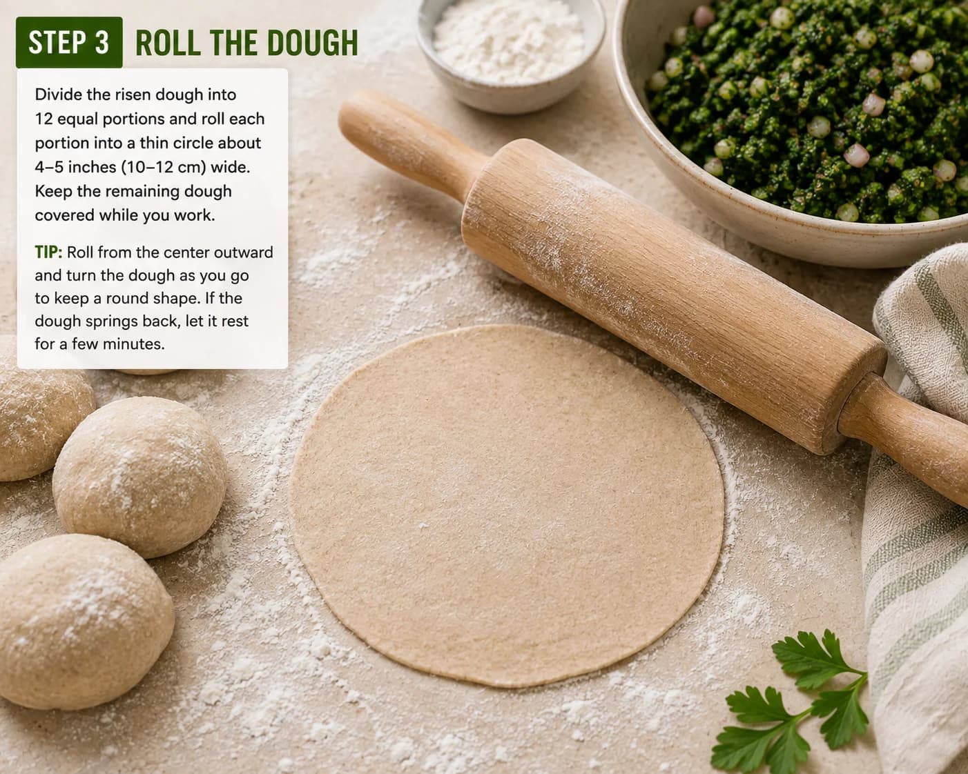 A hand rolling a small portion of risen dough into a thin round circle for sambousek.