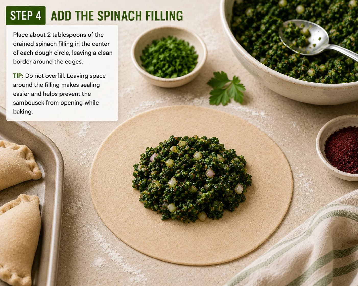 Spinach and herb filling placed in the center of a thin dough circle with a clean border around the edges.