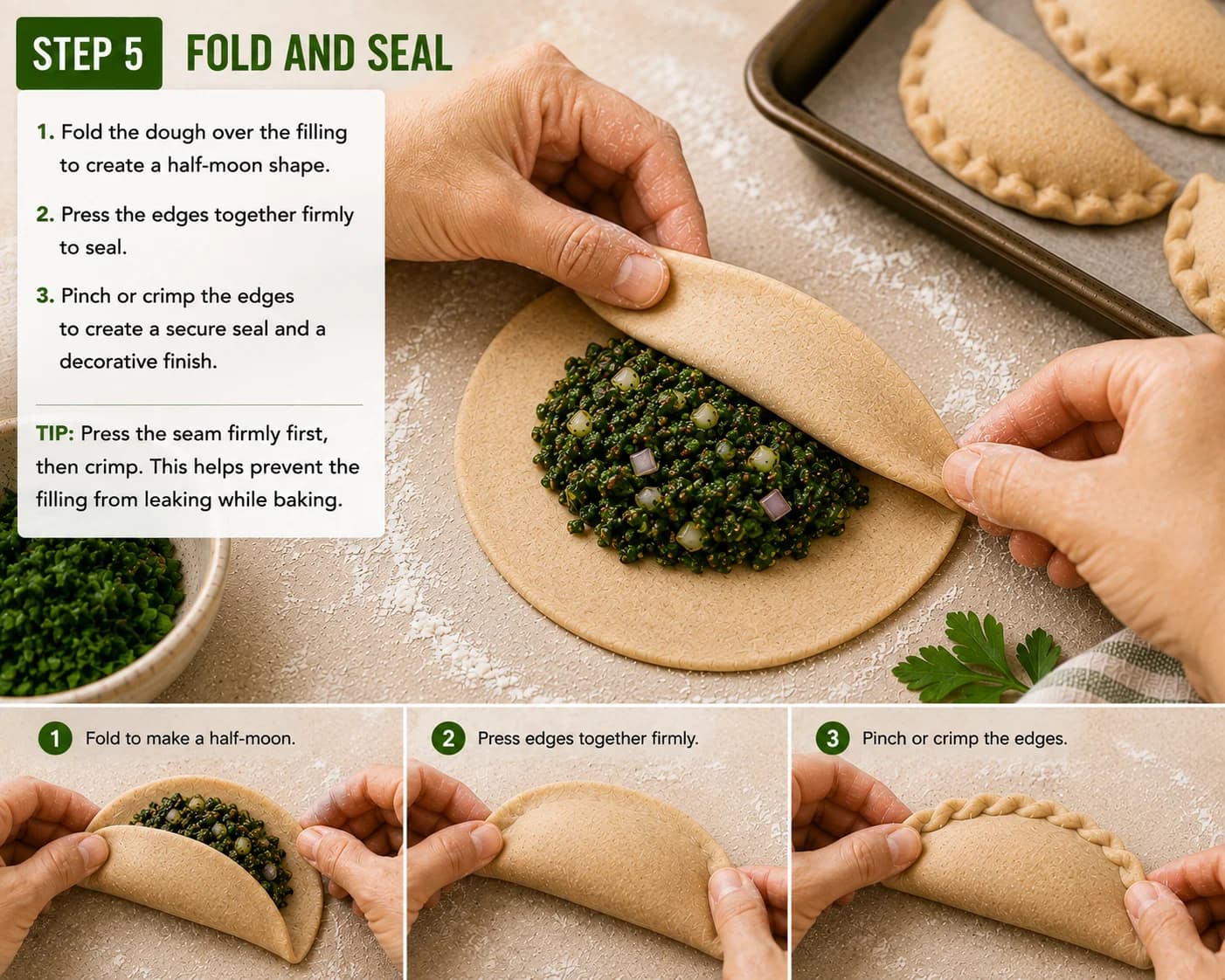 Hands folding and firmly sealing a spinach sambousek into a half-moon shape before baking.