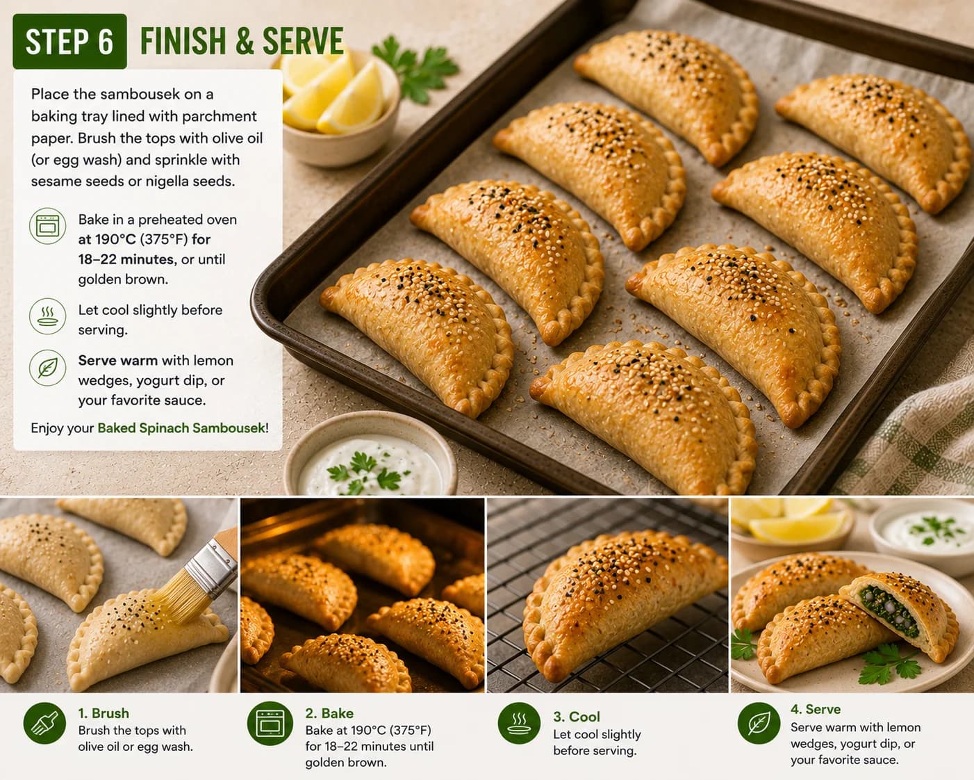 Golden baked spinach sambousek arranged on a serving platter with lemon wedges, parsley, and Mediterranean dips.