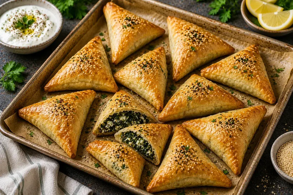 Golden baked Lebanese spinach sambousek arranged on a serving platter with lemon wedges and fresh parsley.