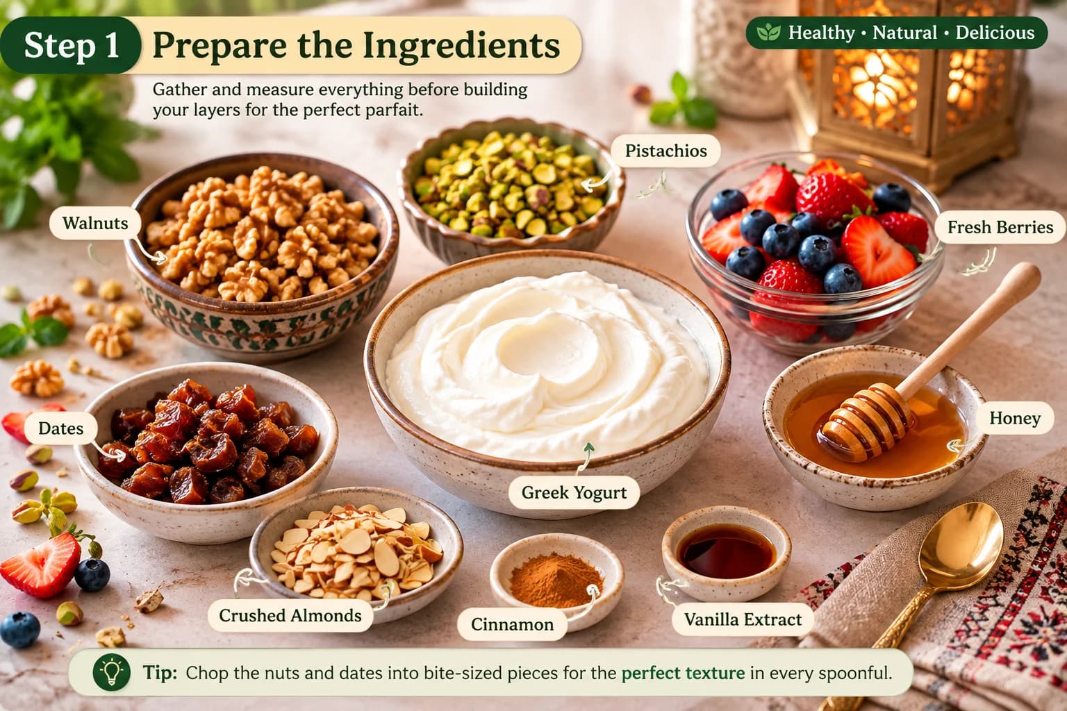 Greek yogurt, chopped dates, pistachios, walnuts, almonds, fresh berries, honey, vanilla, and cinnamon arranged for parfait assembly.