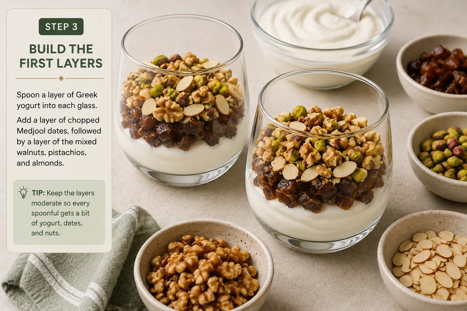 Clear dessert glasses showing the first layers of Greek yogurt, chopped Medjool dates, walnuts, pistachios, and almonds.